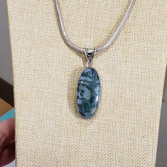 Natural Moss Agate Gem 925 Silver Handmade Thick Heavy Long Pendant Necklace - Picture 5 of 16